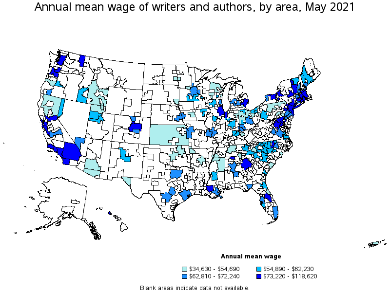 Map of annual mean wages of writers and authors by area, May 2021