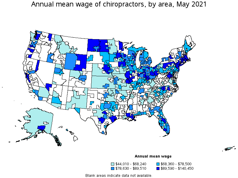 Map of annual mean wages of chiropractors by area, May 2021