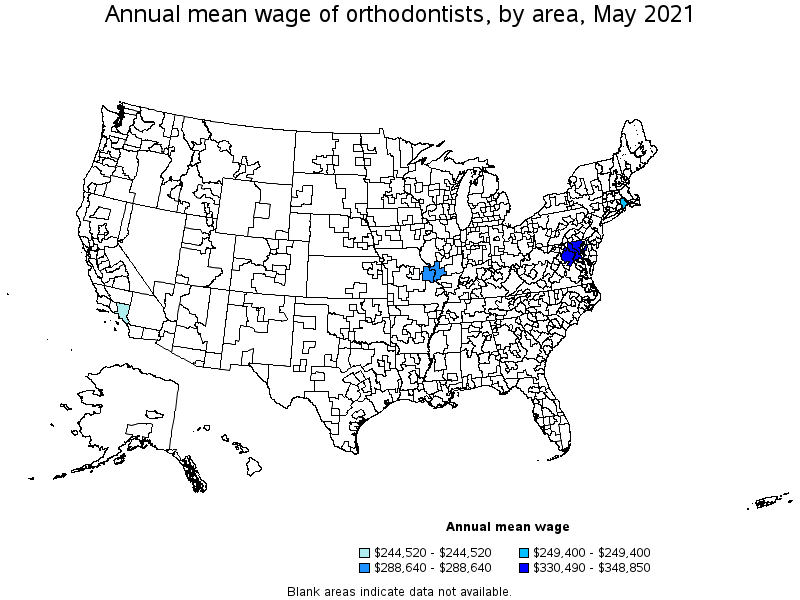 Map of annual mean wages of orthodontists by area, May 2021