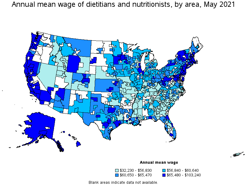 Map of annual mean wages of dietitians and nutritionists by area, May 2021