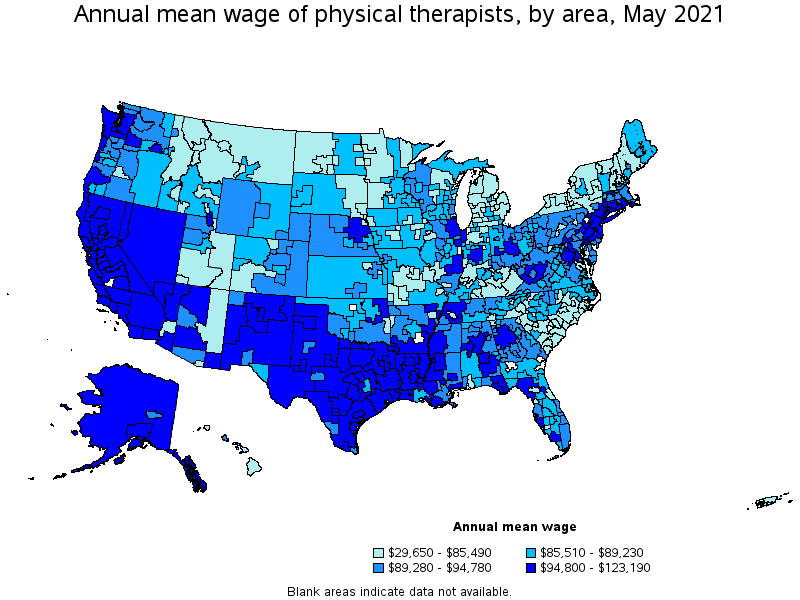 Map of annual mean wages of physical therapists by area, May 2021