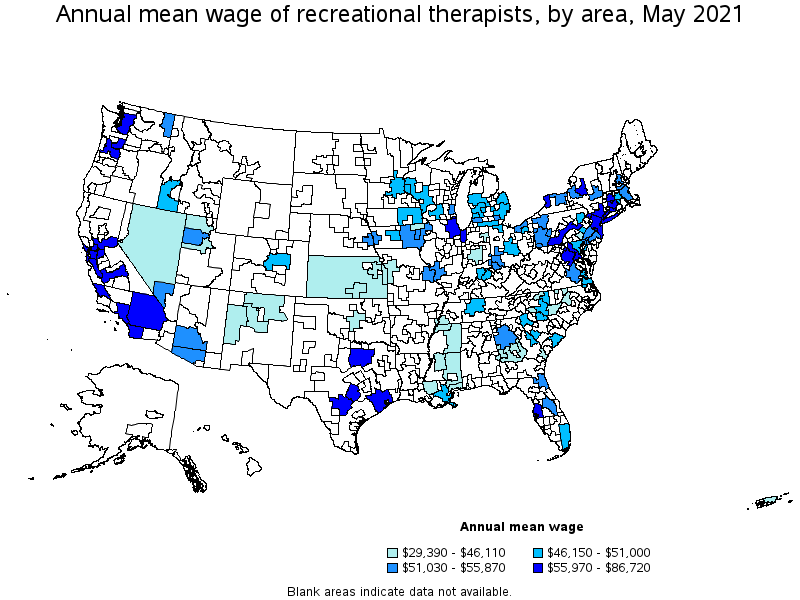 Map of annual mean wages of recreational therapists by area, May 2021