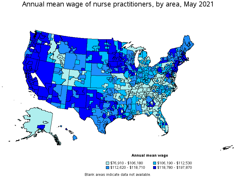 Map of annual mean wages of nurse practitioners by area, May 2021