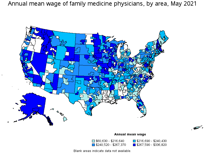 Map of annual mean wages of family medicine physicians by area, May 2021