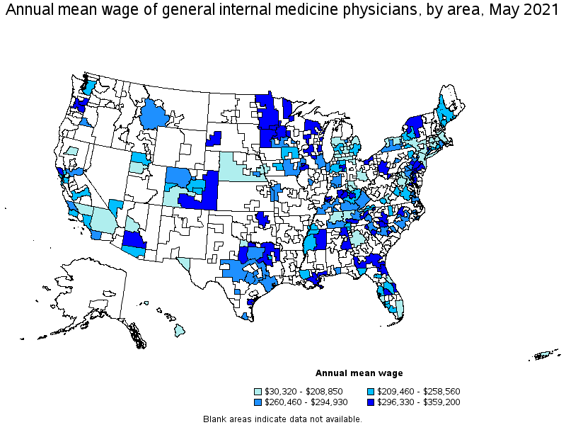 Map of annual mean wages of general internal medicine physicians by area, May 2021