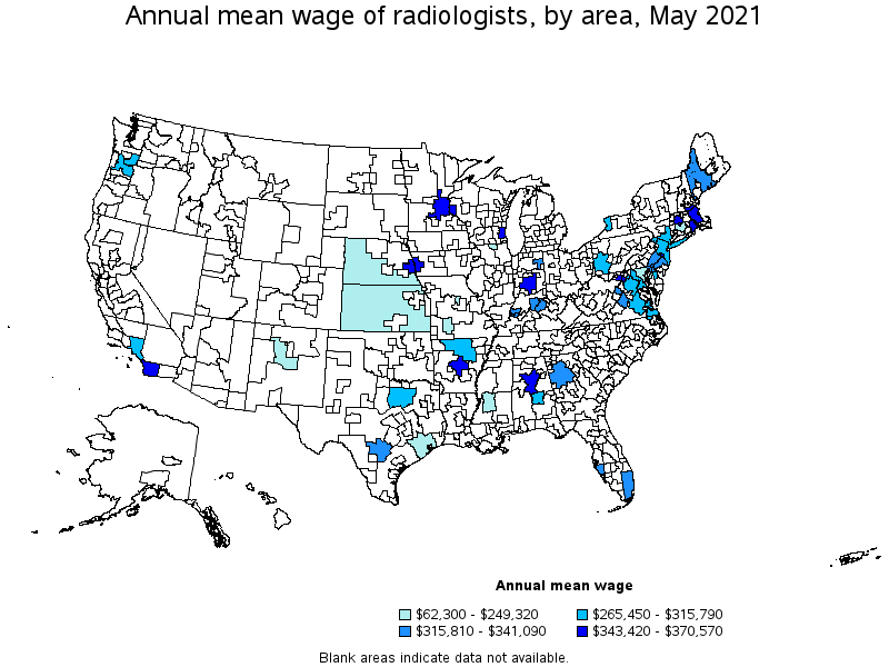 Map of annual mean wages of radiologists by area, May 2021