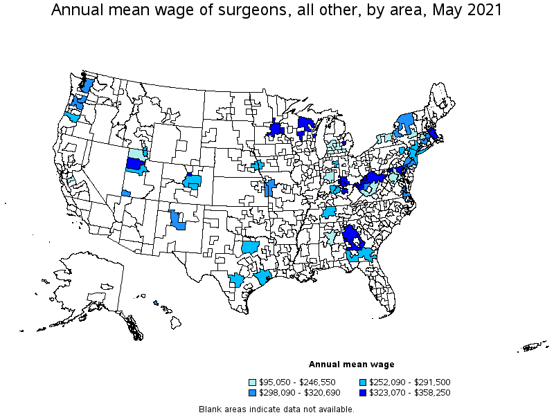 Map of annual mean wages of surgeons, all other by area, May 2021