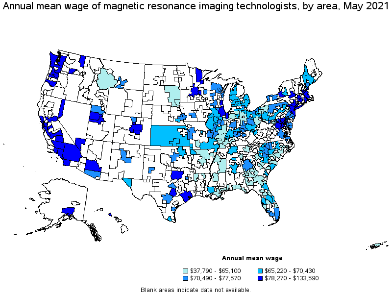 Map of annual mean wages of magnetic resonance imaging technologists by area, May 2021