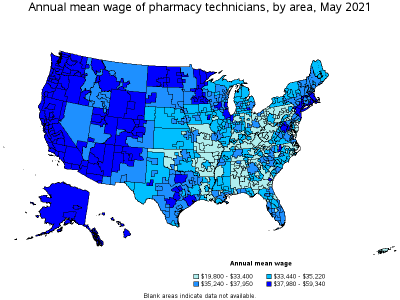 Map of annual mean wages of pharmacy technicians by area, May 2021