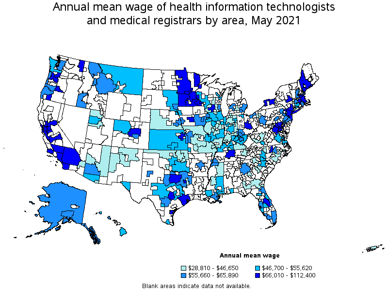 Map of annual mean wages of health information technologists and medical registrars by area, May 2021