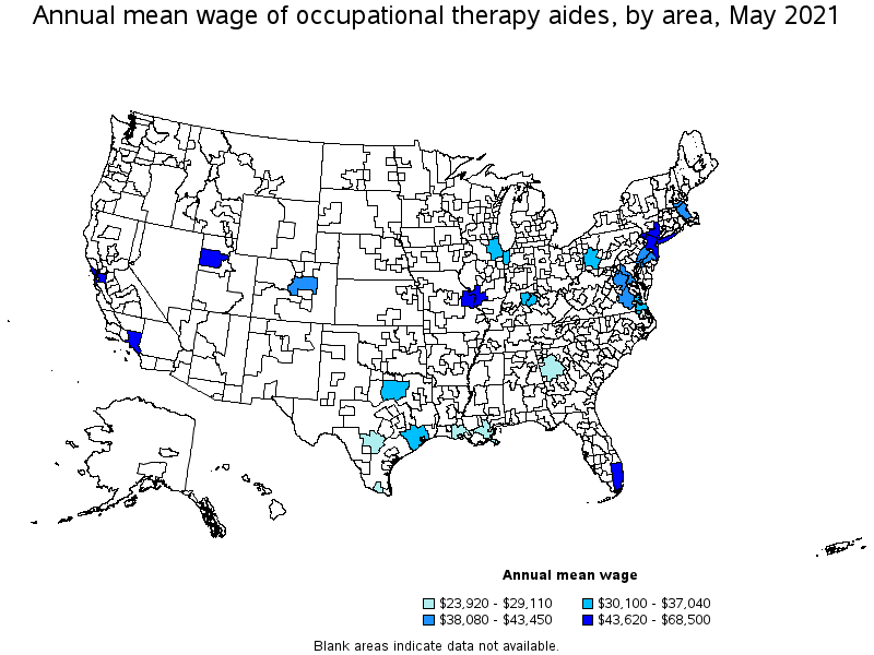Map of annual mean wages of occupational therapy aides by area, May 2021