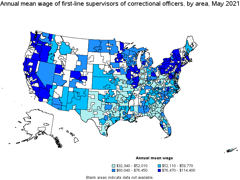 Map of annual mean wages of first-line supervisors of correctional officers by area, May 2021