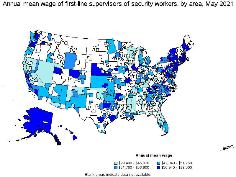 Map of annual mean wages of first-line supervisors of security workers by area, May 2021