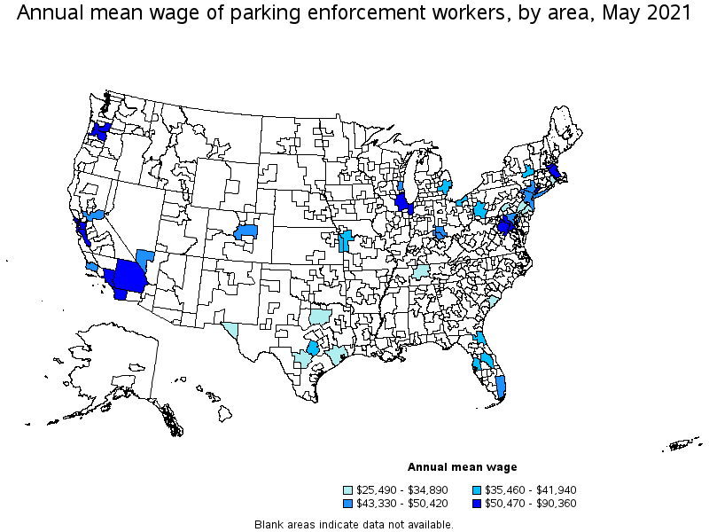 Map of annual mean wages of parking enforcement workers by area, May 2021
