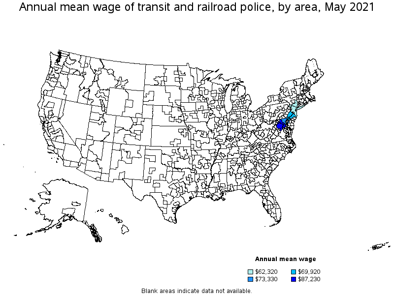 Map of annual mean wages of transit and railroad police by area, May 2021