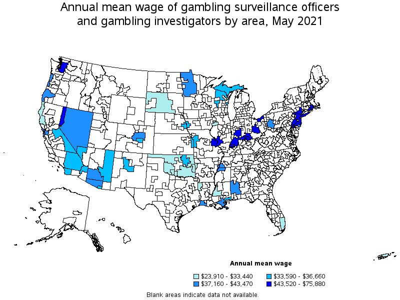 Map of annual mean wages of gambling surveillance officers and gambling investigators by area, May 2021