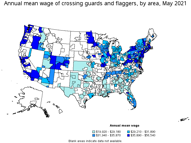 Map of annual mean wages of crossing guards and flaggers by area, May 2021