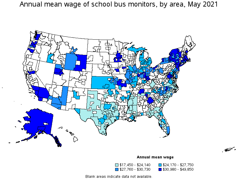 Map of annual mean wages of school bus monitors by area, May 2021