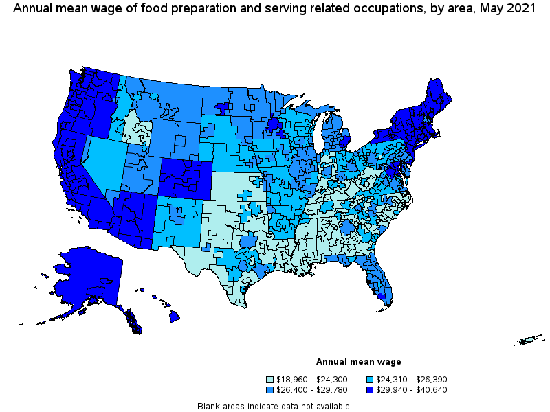 Map of annual mean wages of food preparation and serving related occupations by area, May 2021