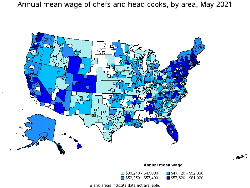 Map of annual mean wages of chefs and head cooks by area, May 2021