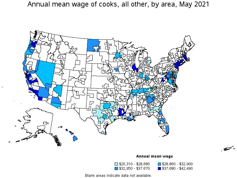 Map of annual mean wages of cooks, all other by area, May 2021