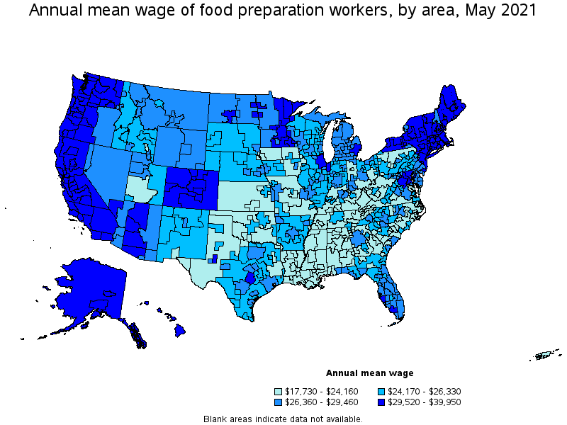 Map of annual mean wages of food preparation workers by area, May 2021