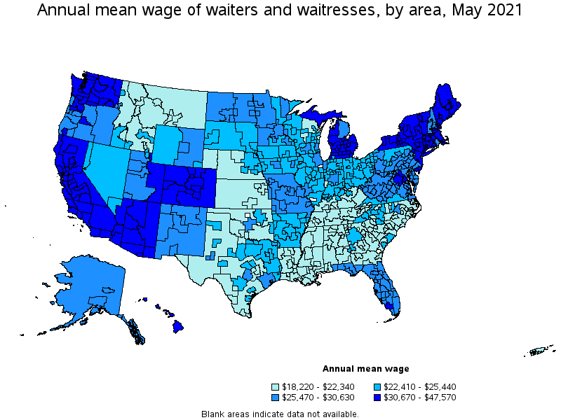Map of annual mean wages of waiters and waitresses by area, May 2021