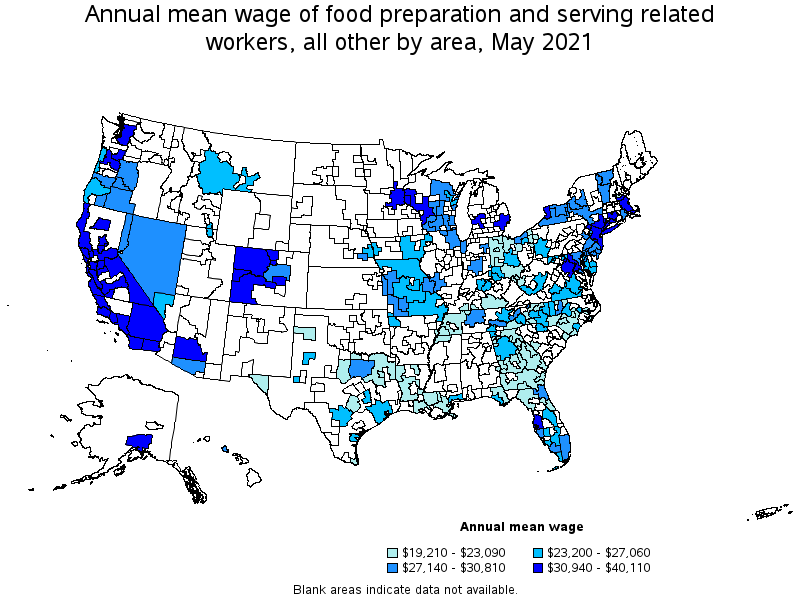 Map of annual mean wages of food preparation and serving related workers, all other by area, May 2021