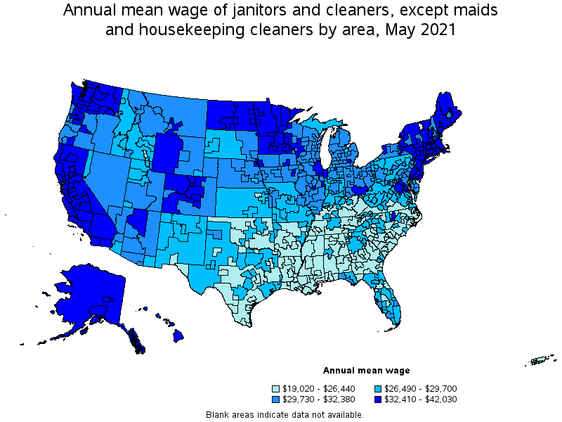 Map of annual mean wages of janitors and cleaners, except maids and housekeeping cleaners by area, May 2021