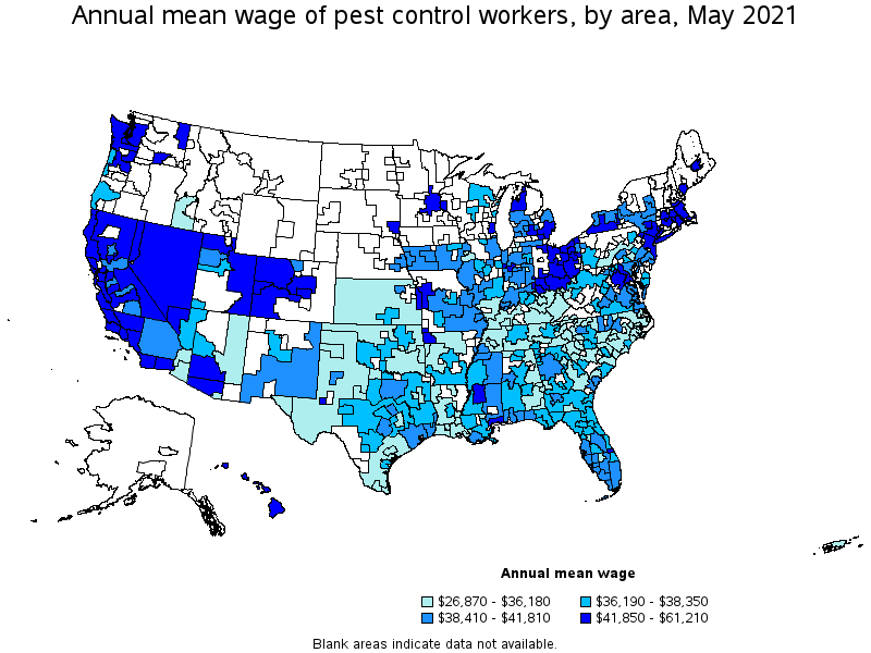 Map of annual mean wages of pest control workers by area, May 2021