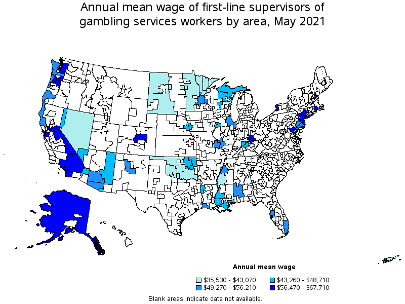 Map of annual mean wages of first-line supervisors of gambling services workers by area, May 2021