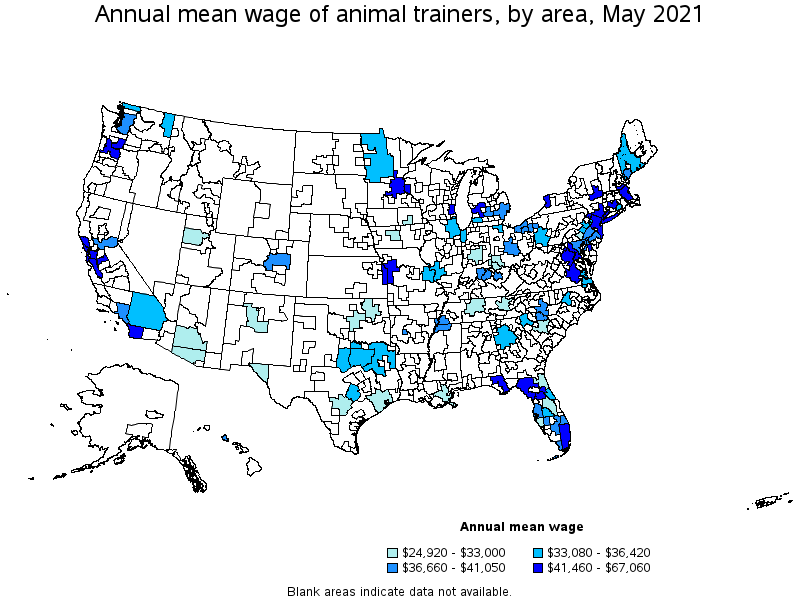 Map of annual mean wages of animal trainers by area, May 2021