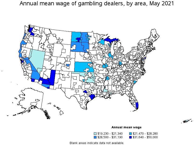 Map of annual mean wages of gambling dealers by area, May 2021