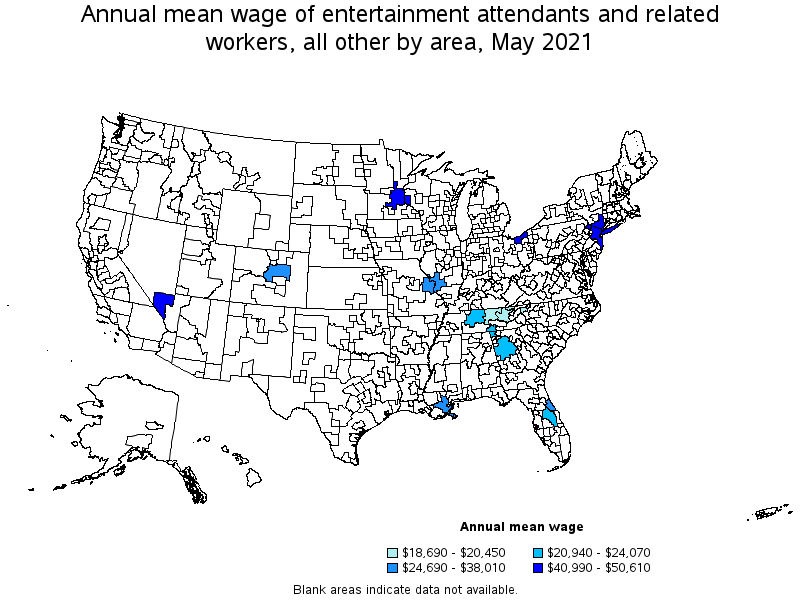 Map of annual mean wages of entertainment attendants and related workers, all other by area, May 2021