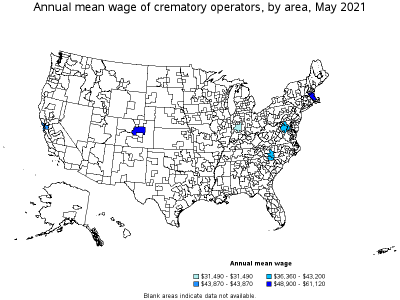 Map of annual mean wages of crematory operators by area, May 2021