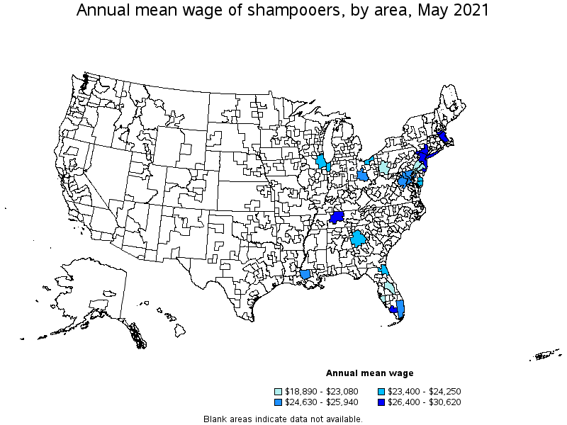 Map of annual mean wages of shampooers by area, May 2021