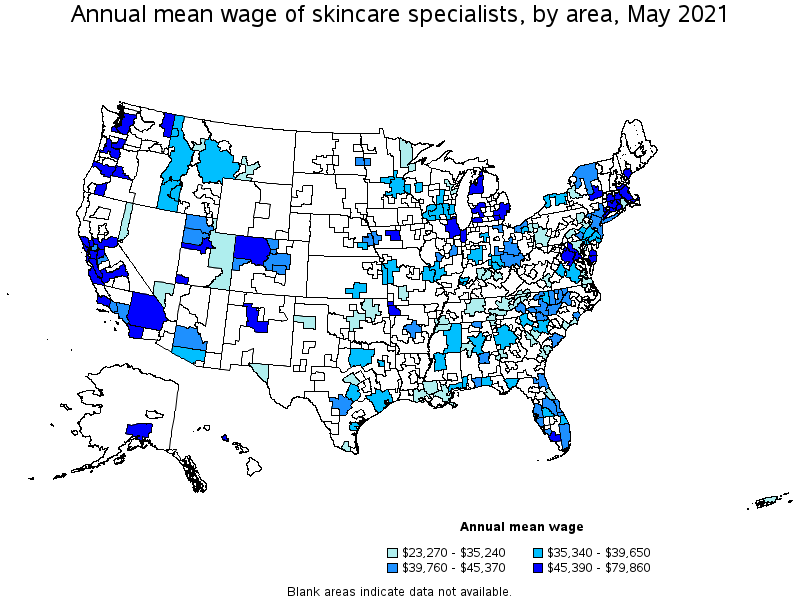 Map of annual mean wages of skincare specialists by area, May 2021