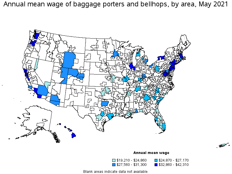 Map of annual mean wages of baggage porters and bellhops by area, May 2021