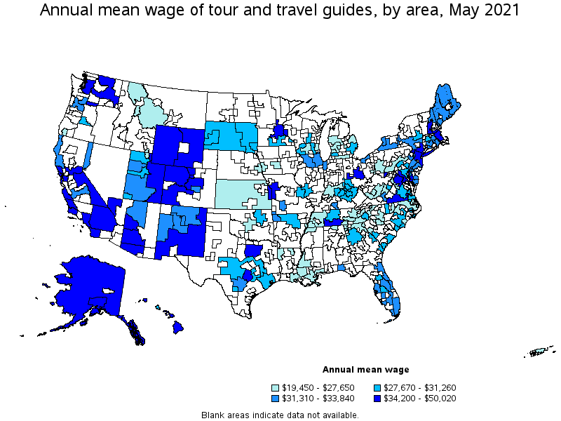 Map of annual mean wages of tour and travel guides by area, May 2021