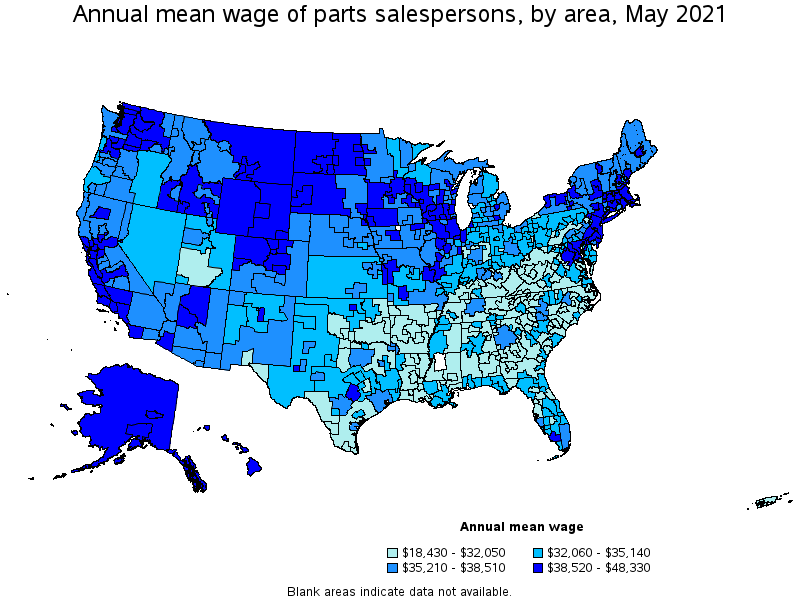 Map of annual mean wages of parts salespersons by area, May 2021