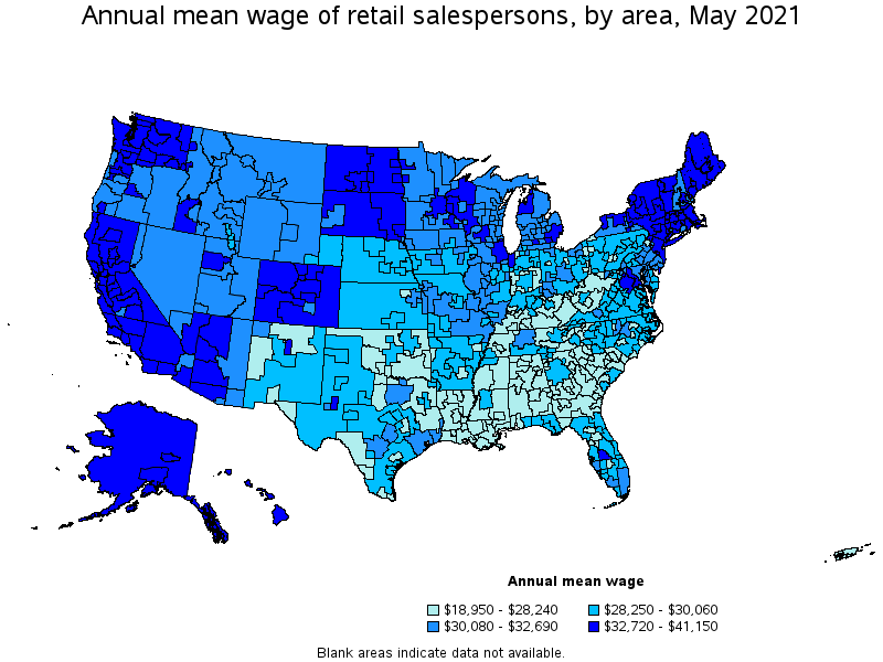 Map of annual mean wages of retail salespersons by area, May 2021
