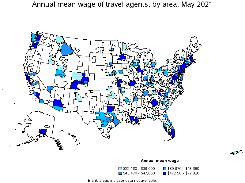 Map of annual mean wages of travel agents by area, May 2021