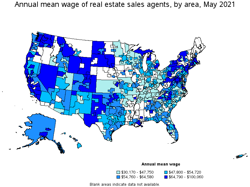 Map of annual mean wages of real estate sales agents by area, May 2021