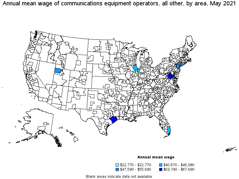 Map of annual mean wages of communications equipment operators, all other by area, May 2021