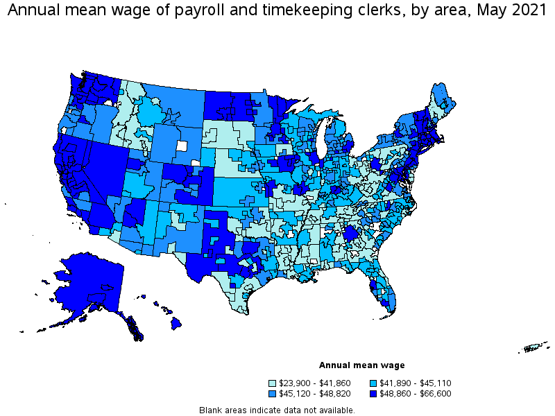 Map of annual mean wages of payroll and timekeeping clerks by area, May 2021