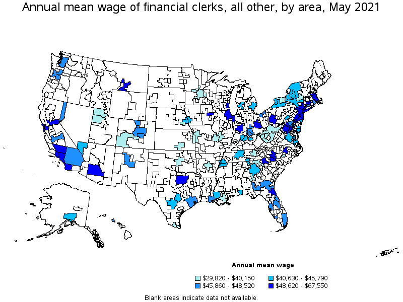 Map of annual mean wages of financial clerks, all other by area, May 2021