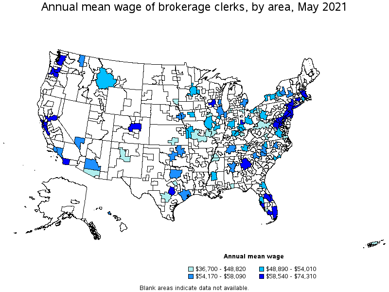 Map of annual mean wages of brokerage clerks by area, May 2021