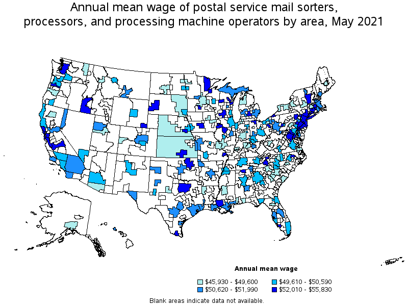 Map of annual mean wages of postal service mail sorters, processors, and processing machine operators by area, May 2021