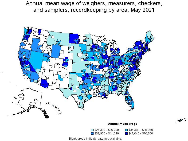 Map of annual mean wages of weighers, measurers, checkers, and samplers, recordkeeping by area, May 2021