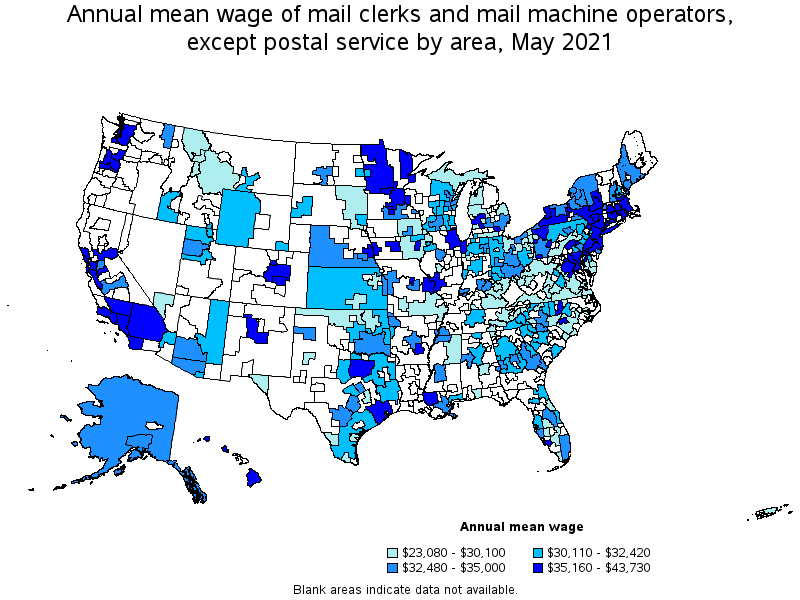 Map of annual mean wages of mail clerks and mail machine operators, except postal service by area, May 2021